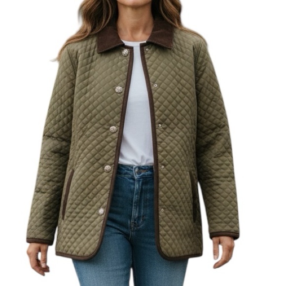 Charter Club Olive Green Quilted w/Brown Corduroy-trim Jacket Petite - Picture 1 of 9